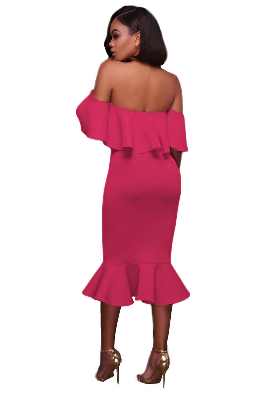 Rosy Ruffle Off Shoulder Mermaid Midi