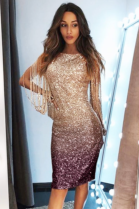 Apricot Ombre Sequin Bodycon Dress With Fringed Sleeves