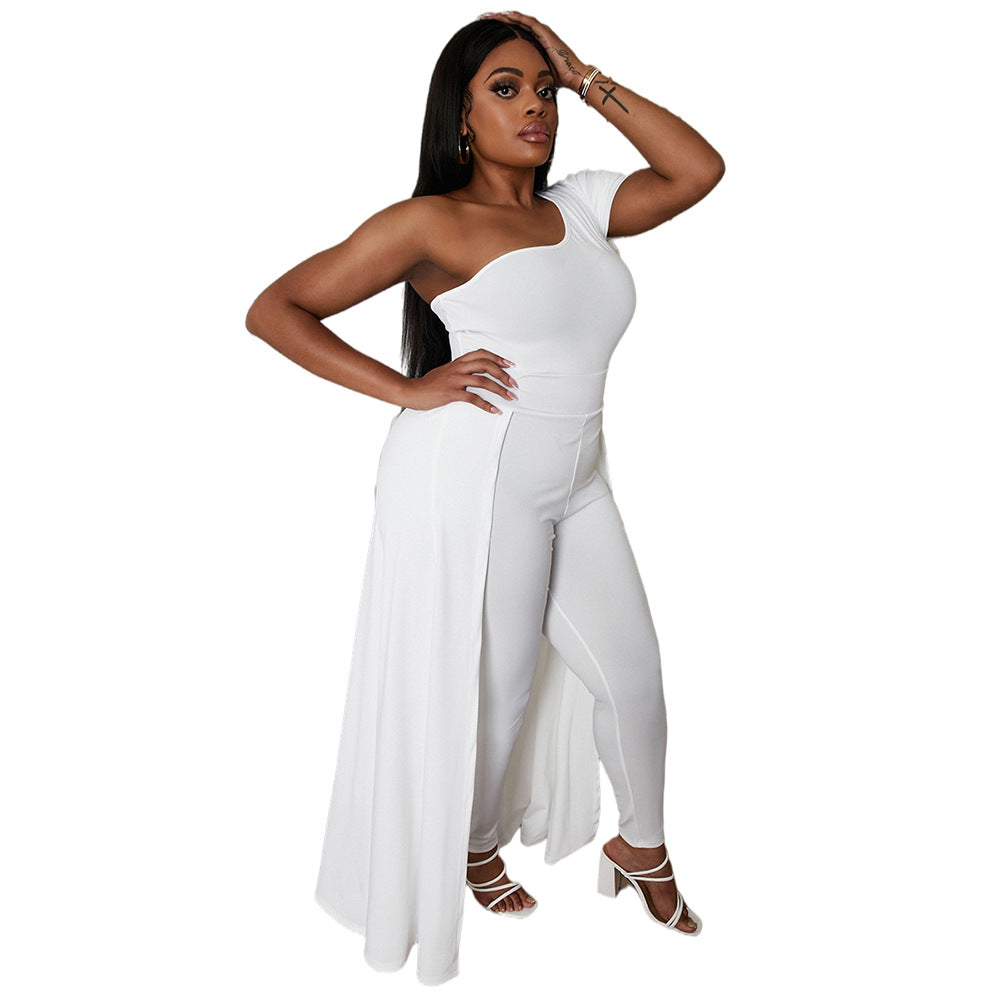 plus size one-shoulder short-sleeved cloak jumpsuit   clothes