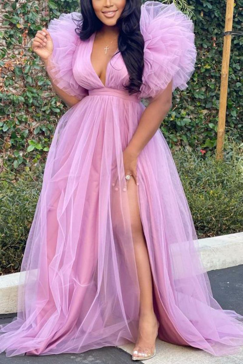 Elegant Fashion Solid Color Plunging Neck Short Sleeve Net Yarn Polyester Mesh Yarn Plus Size Dresses Maxi Long Dress Party Dress
