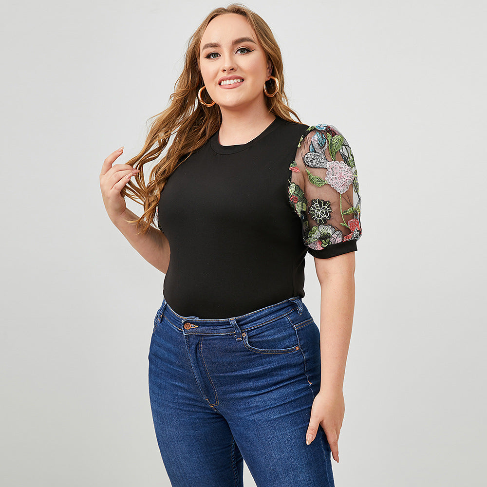Round neck short sleeves ethnic style flower printing top