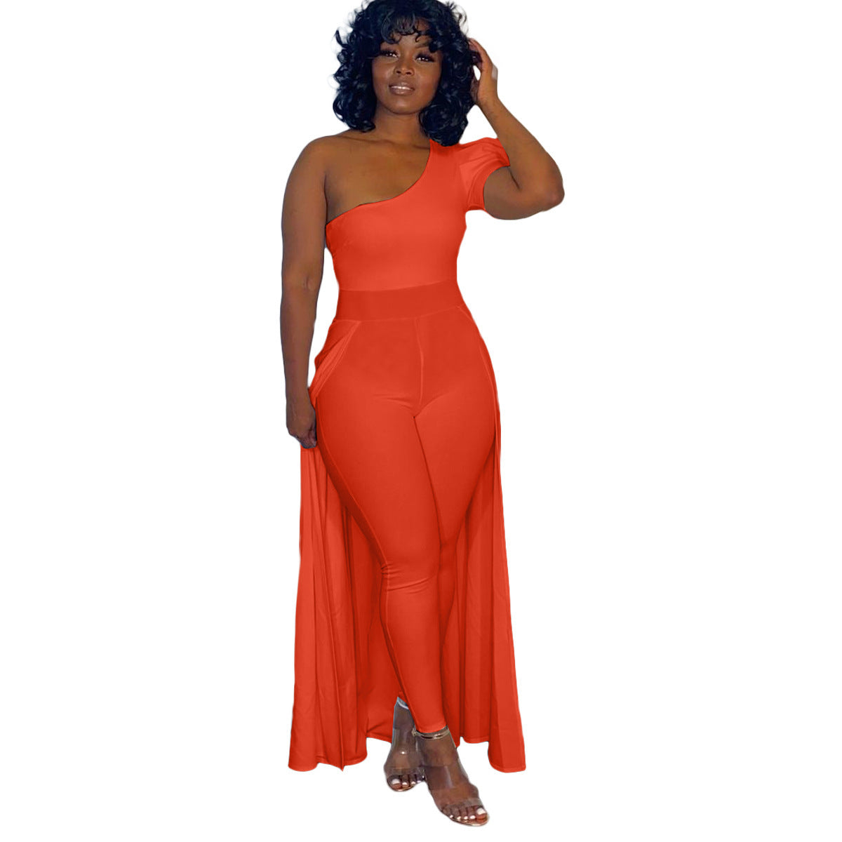 plus size one-shoulder short-sleeved cloak jumpsuit   clothes