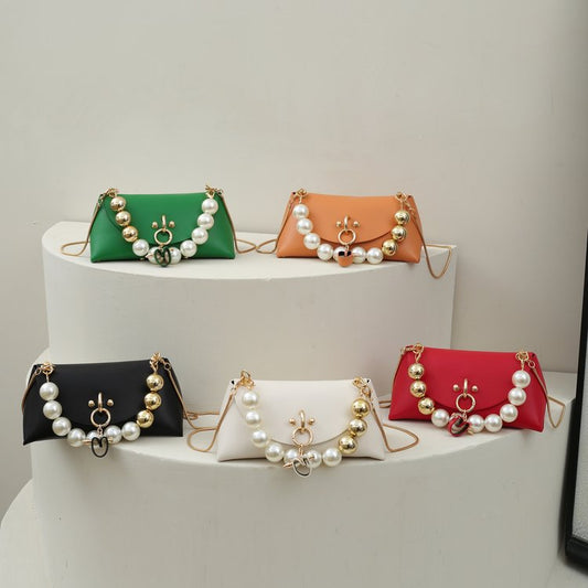 Fashion Solid Color Pearls Square Flip Cover Square Bag