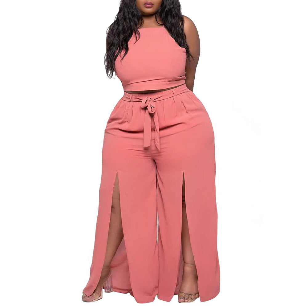 Plus size casual split wide leg pants two-piece set   clothing vendor