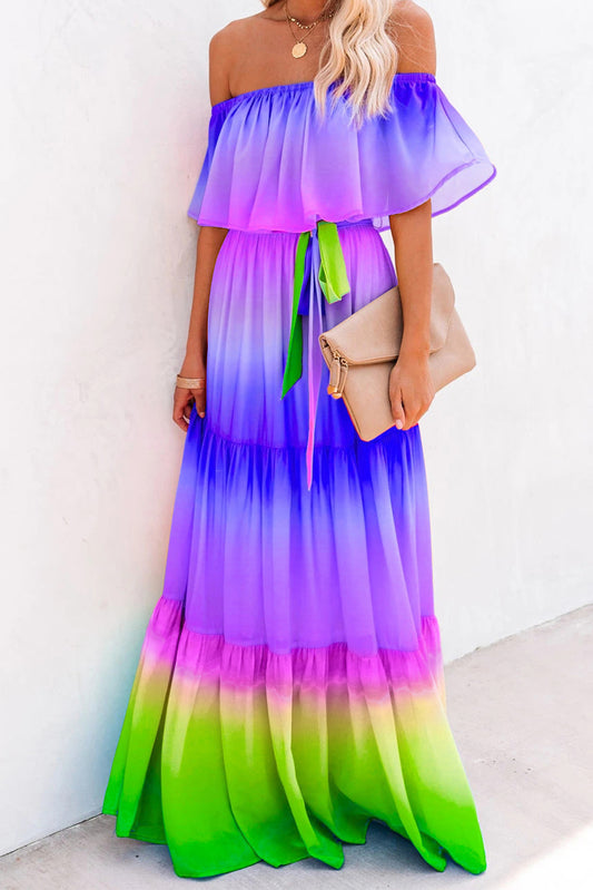 Purple Printed Off-the-shoulder Tiered Maxi Dress