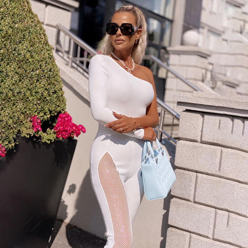 One Shoulder Jumpsuit With Mesh Leg Insert