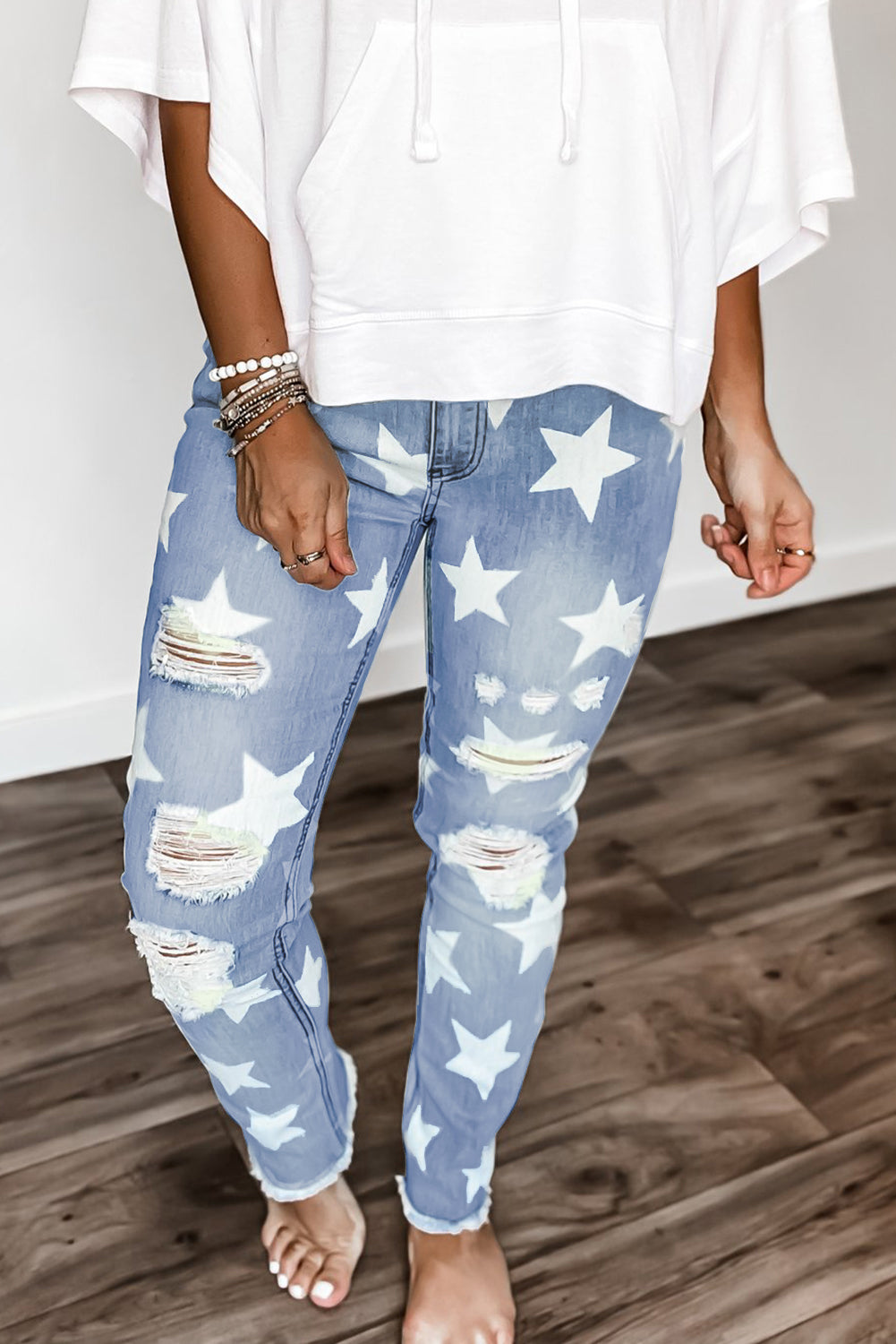 Ripped Star Print Mid Waist Jeans