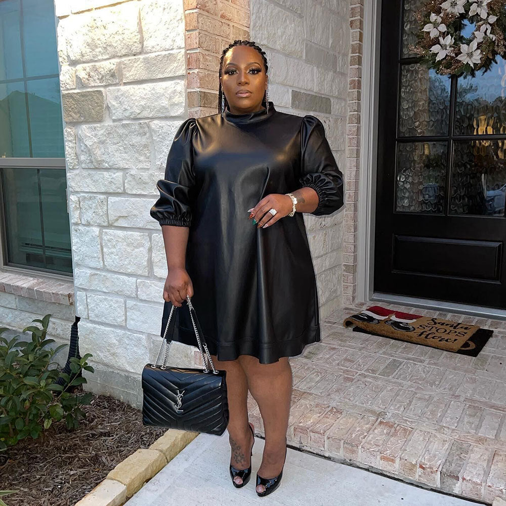 Long-sleeved plus size PU leather dress