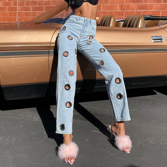 High waist straight hollow metal ring jeans