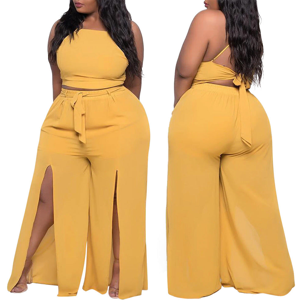 Plus size casual split wide leg pants two-piece set   clothing vendor