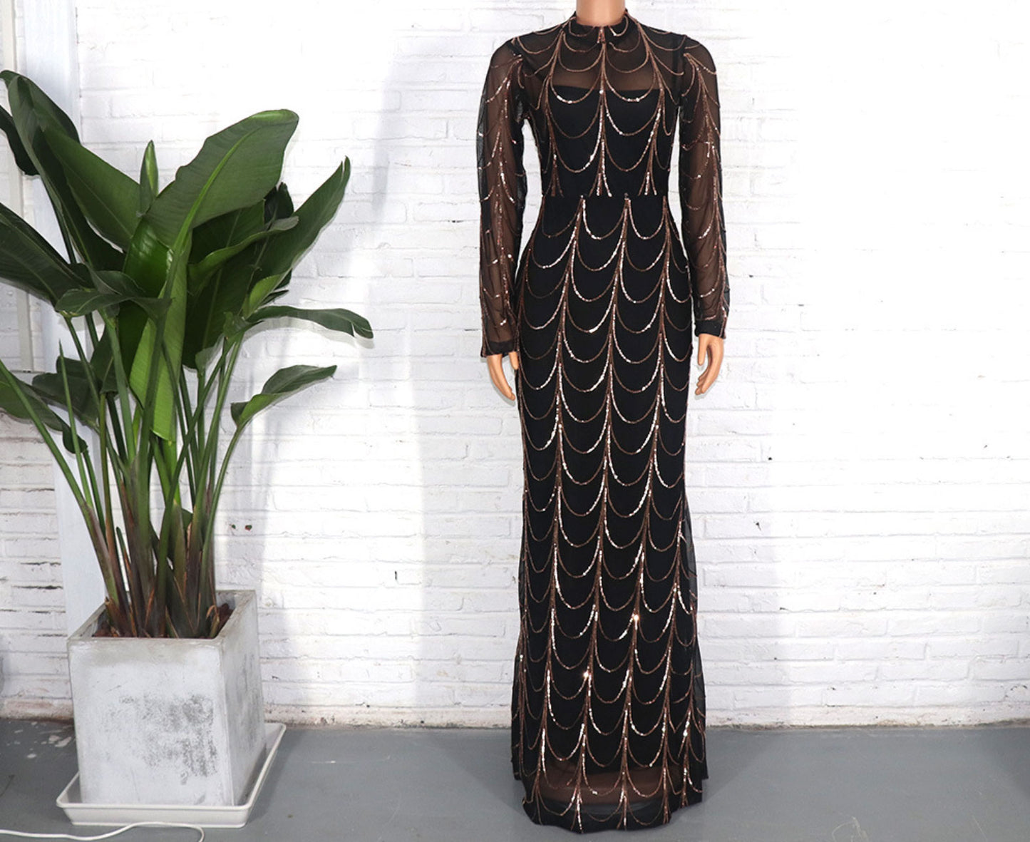 Stretch sequin fishtail evening dress with inner skirt
