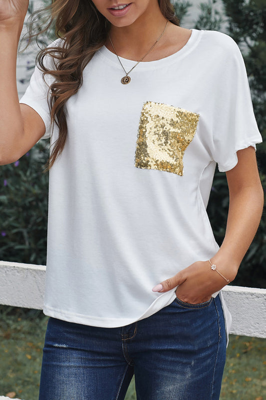 Sequin Pocket White Short Sleeve T-shirt