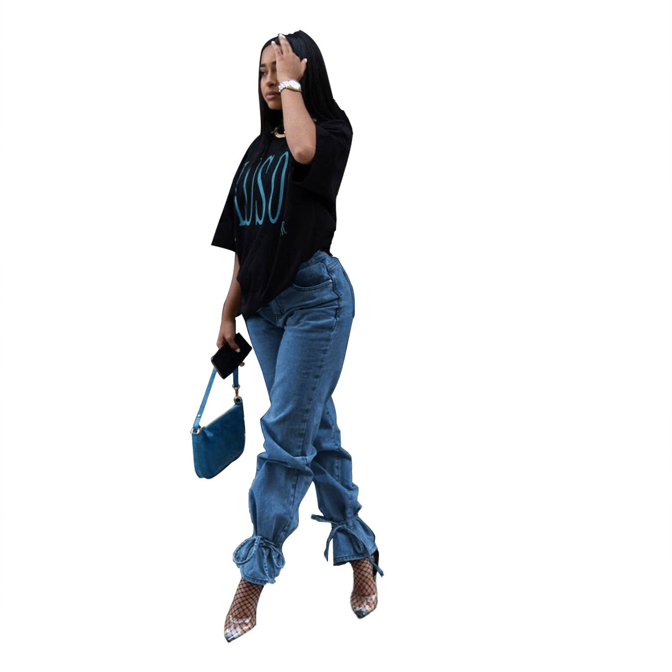 Sexy fashion straps slim-fit denim flared pants