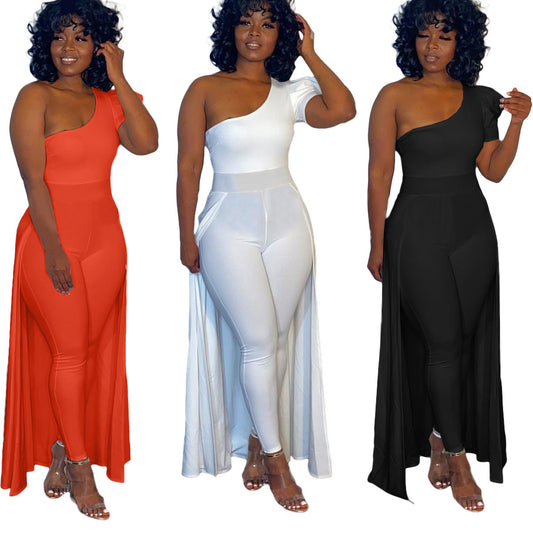 plus size one-shoulder short-sleeved cloak jumpsuit clothes