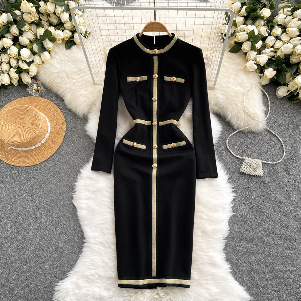Elegant Fashion Solid Color Round Neck Long Sleeve Button Polyester
