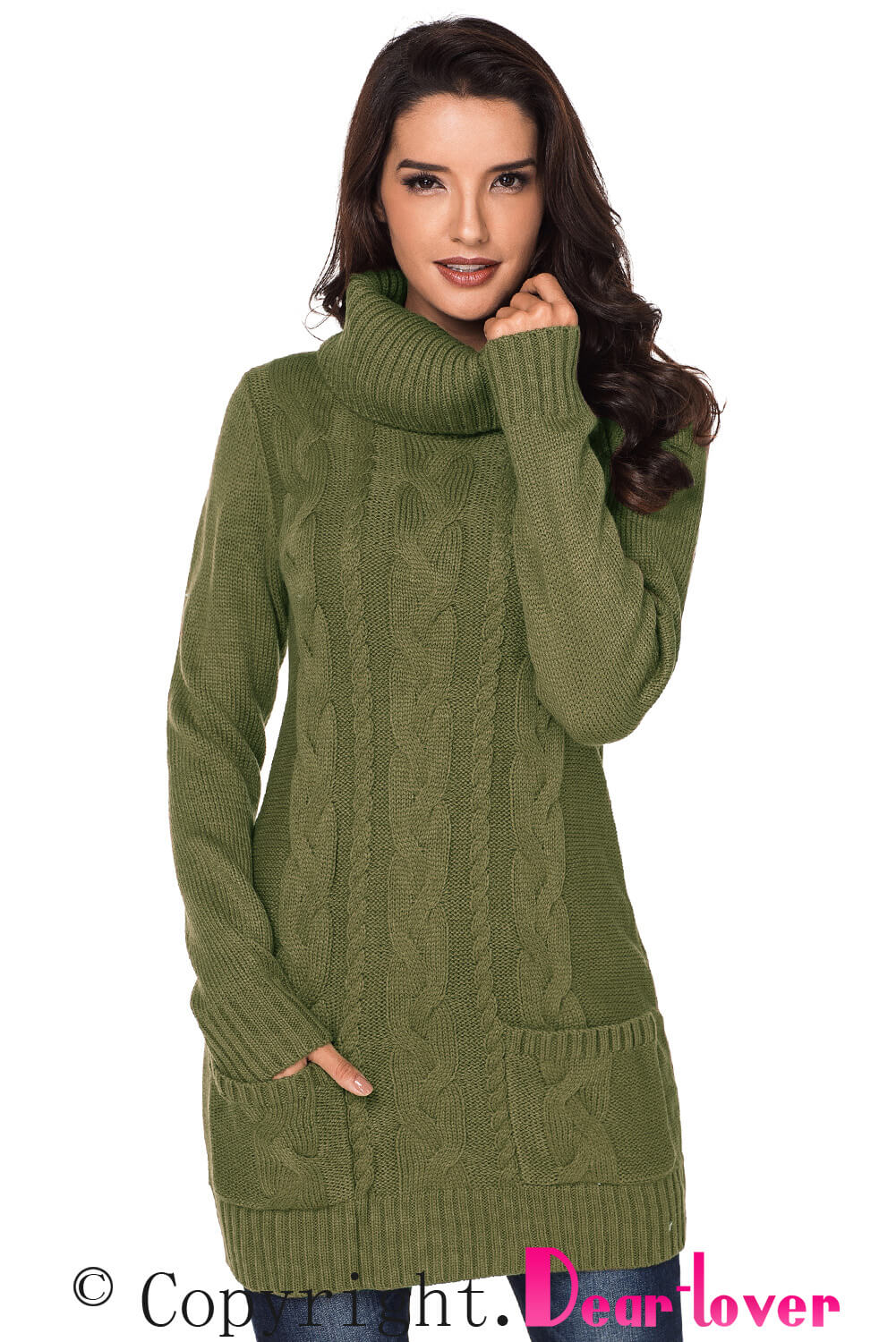 Olive Cowl Neck Cable Knit Sweater Dress