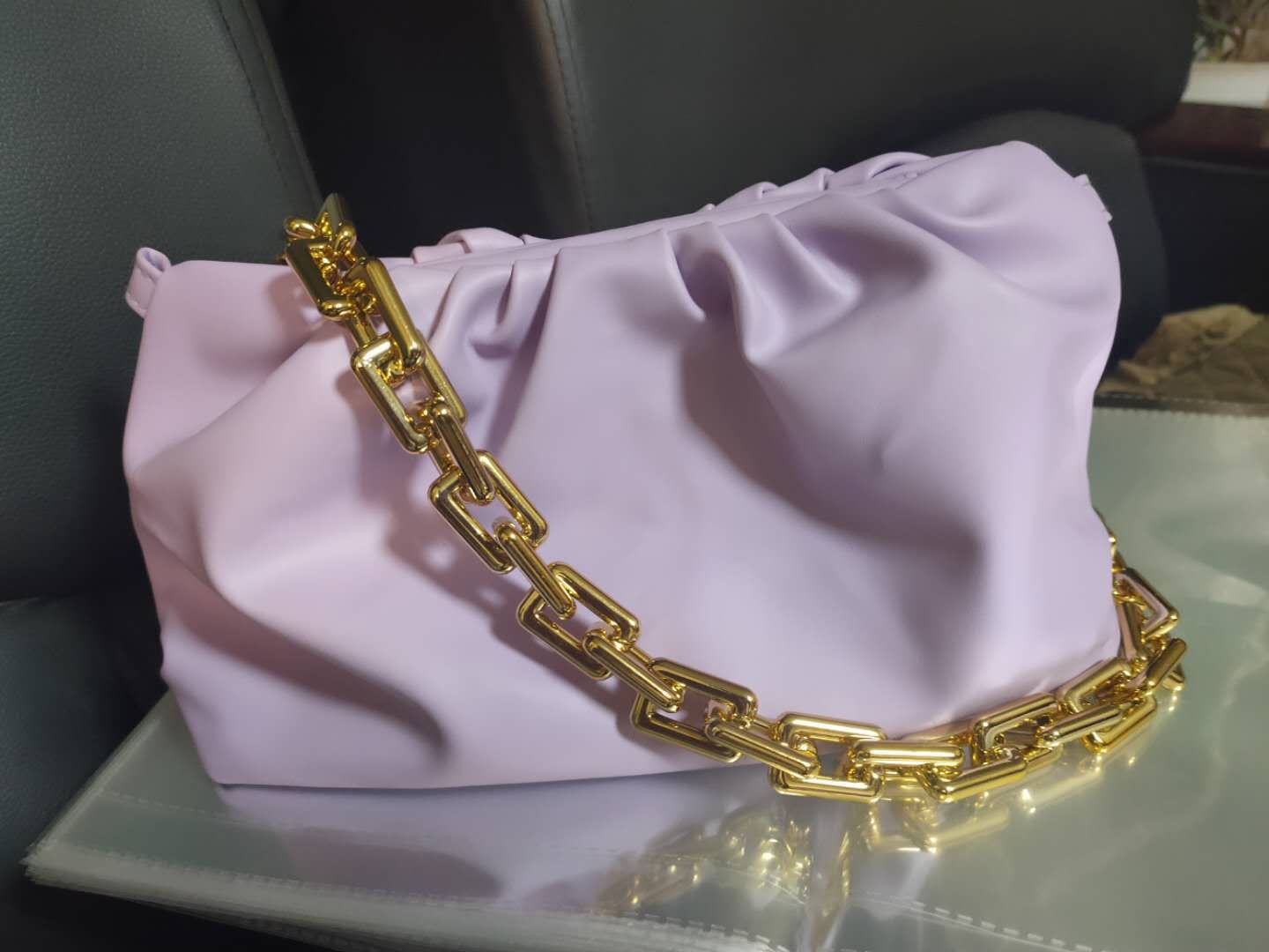 Ruched Purse with Gold Chain Strap