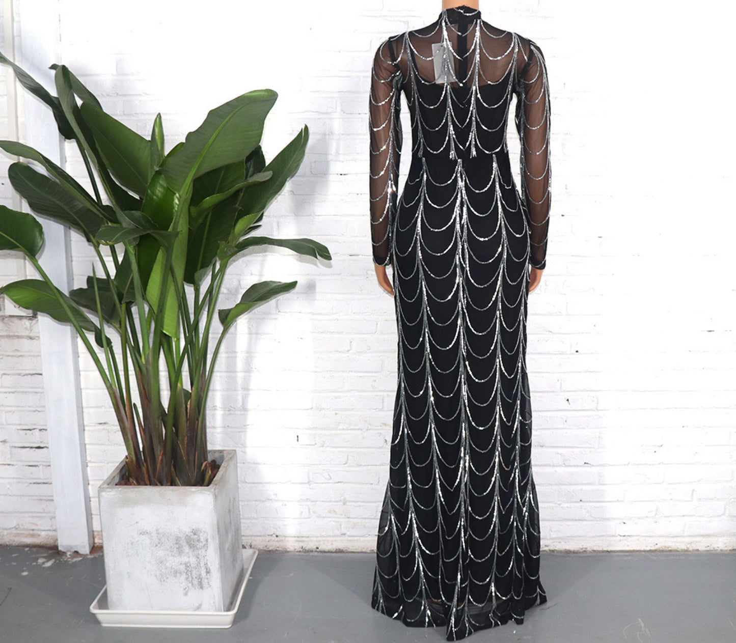 Stretch sequin fishtail evening dress with inner skirt