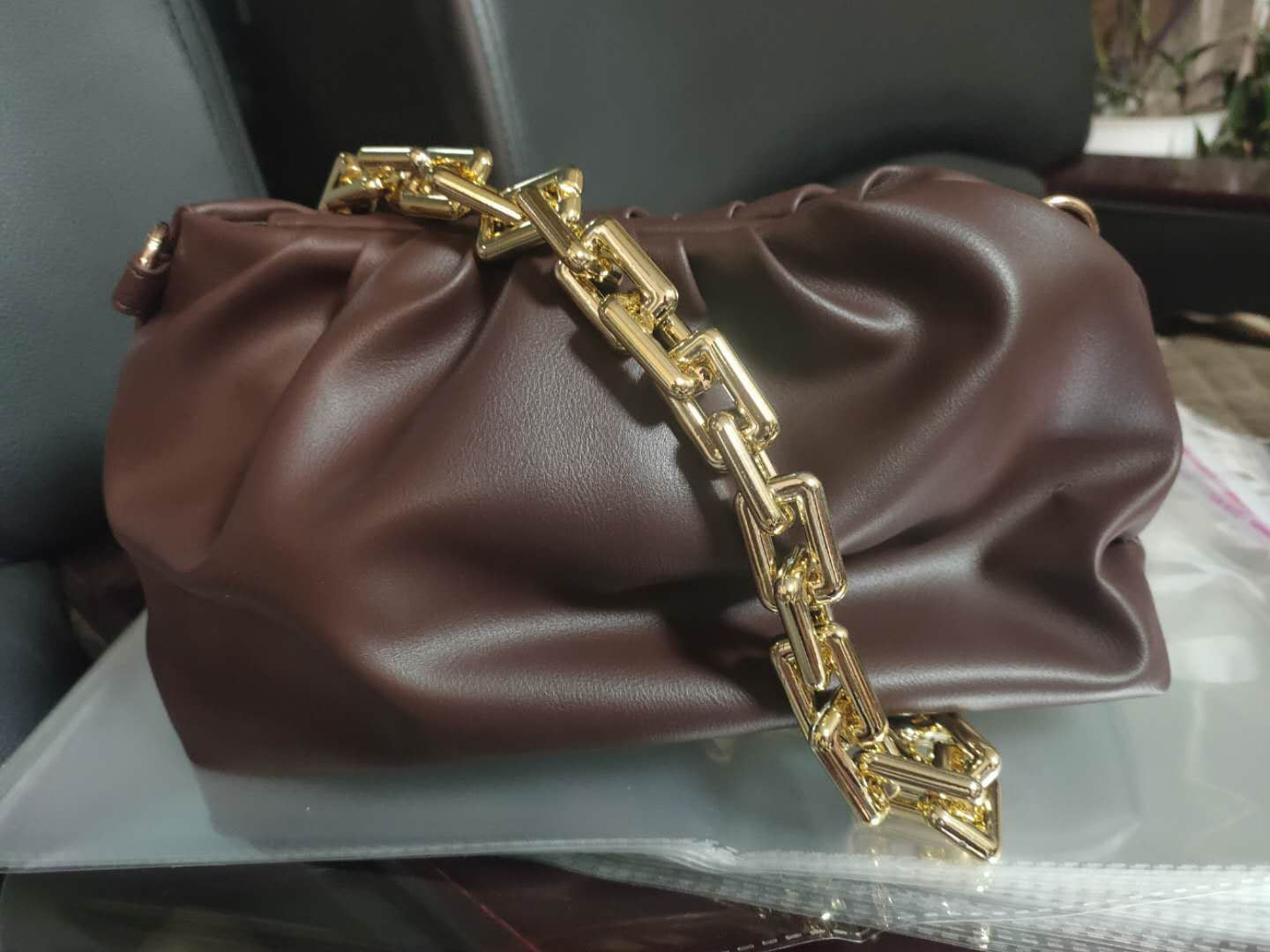 Ruched Purse with Gold Chain Strap