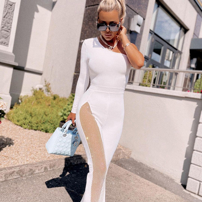 One Shoulder Jumpsuit With Mesh Leg Insert