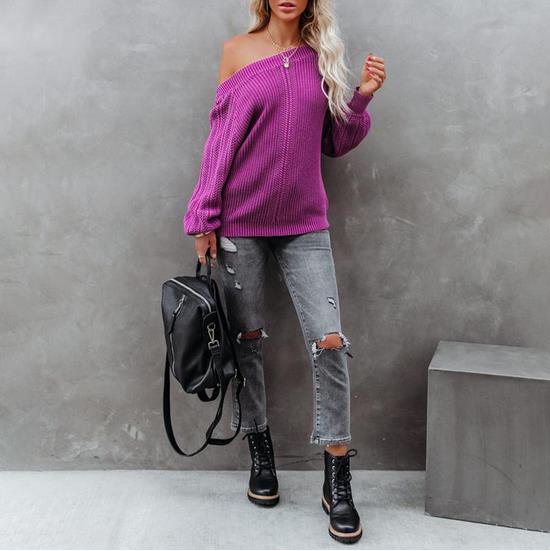 Loose V-neck Lantern Sleeve Sweater