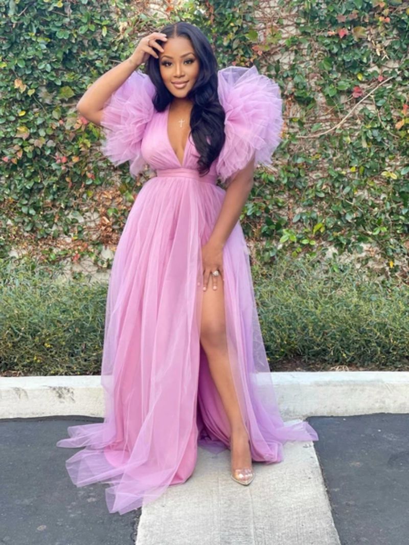 Elegant Fashion Solid Color Plunging Neck Short Sleeve Net Yarn Polyester Mesh Yarn Plus Size Dresses Maxi Long Dress Party Dress