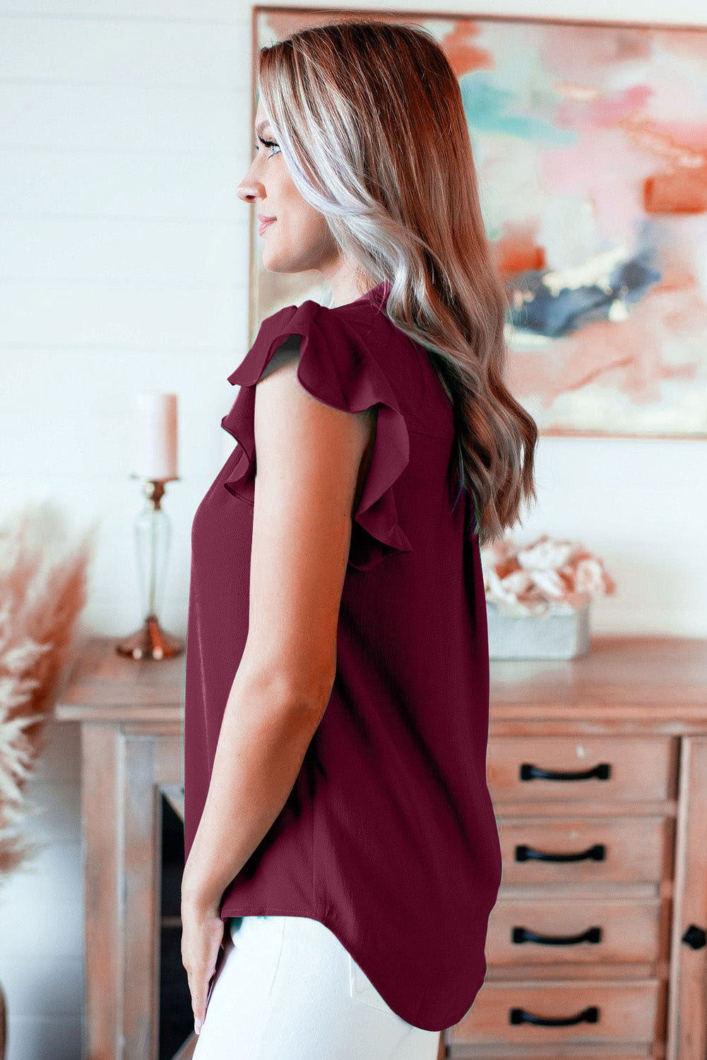 Red Ruffled Sleeveless V Neck Top