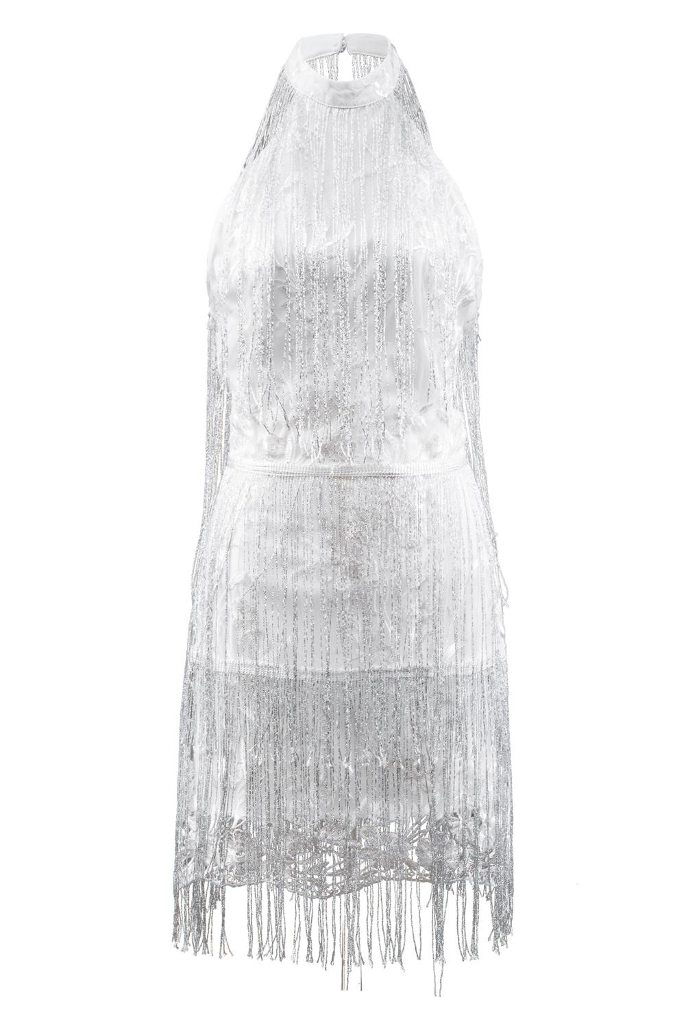 Fringed Halter Mini Dress with Sequins