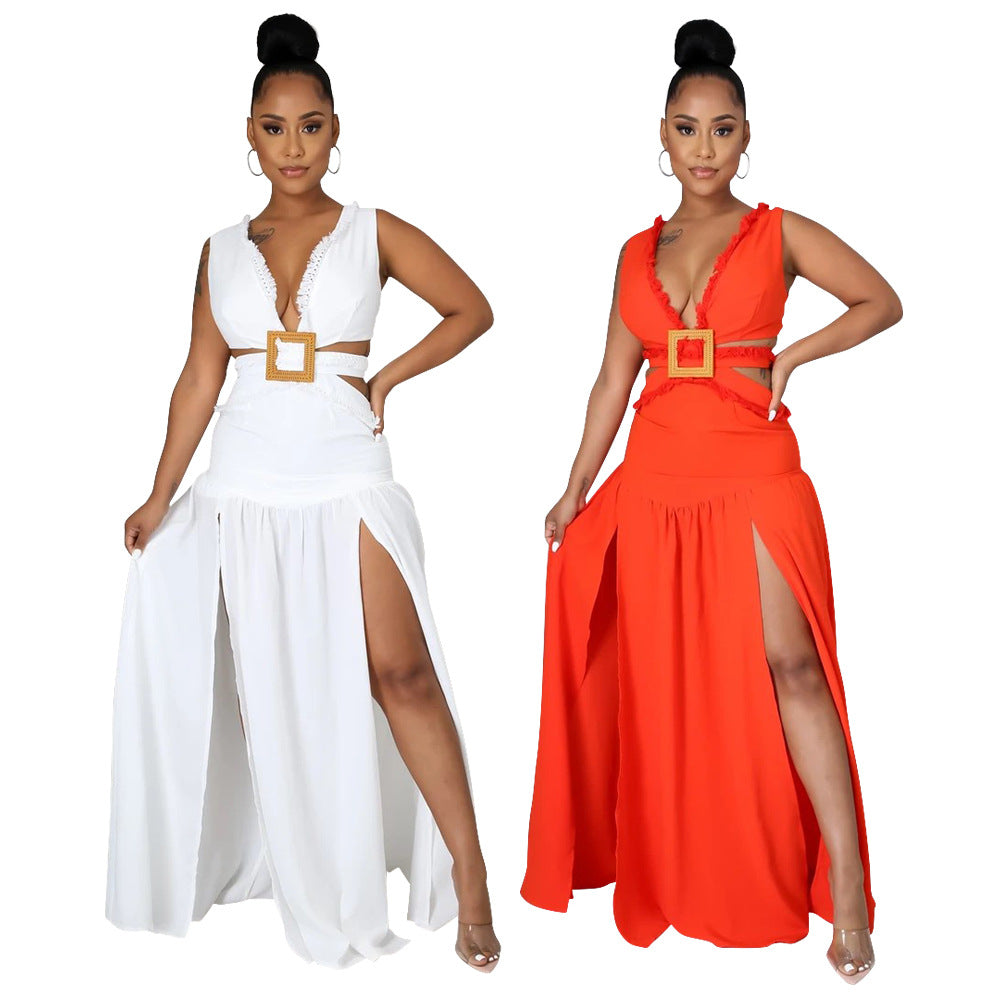 Deep V-neck long skirt cotton dress