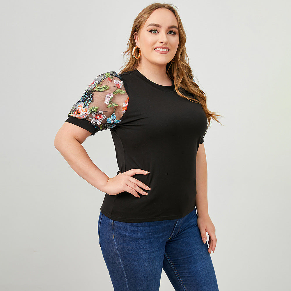 Round neck short sleeves ethnic style flower printing top
