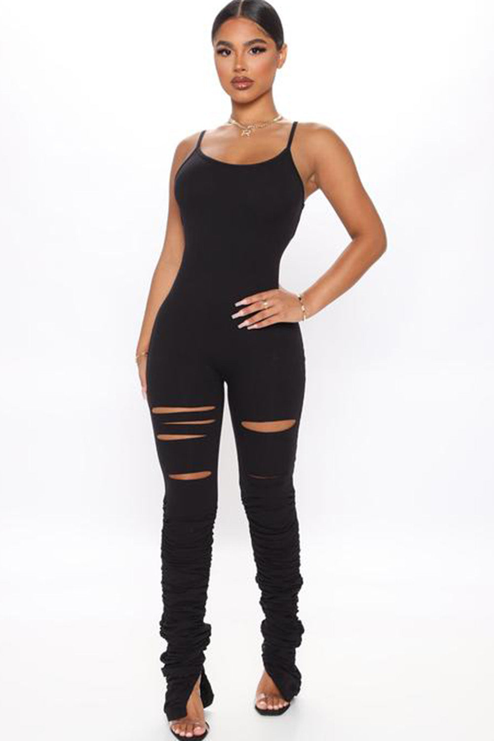 Cut-out Stacked Leg Spaghetti Strap Jumpsuit