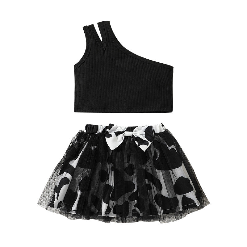 Girls' Summer Fashion One-Shoulder Top Skirt Two-Piece Suit