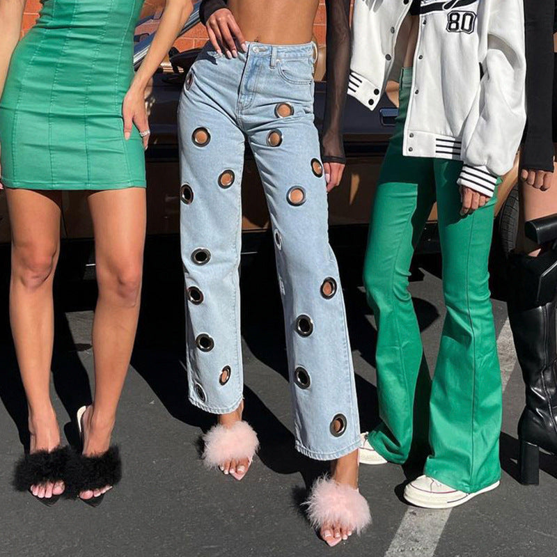 High waist straight hollow metal ring jeans