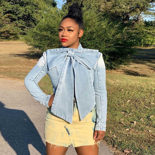Solid color bowknot decor long-sleeved denim jacket