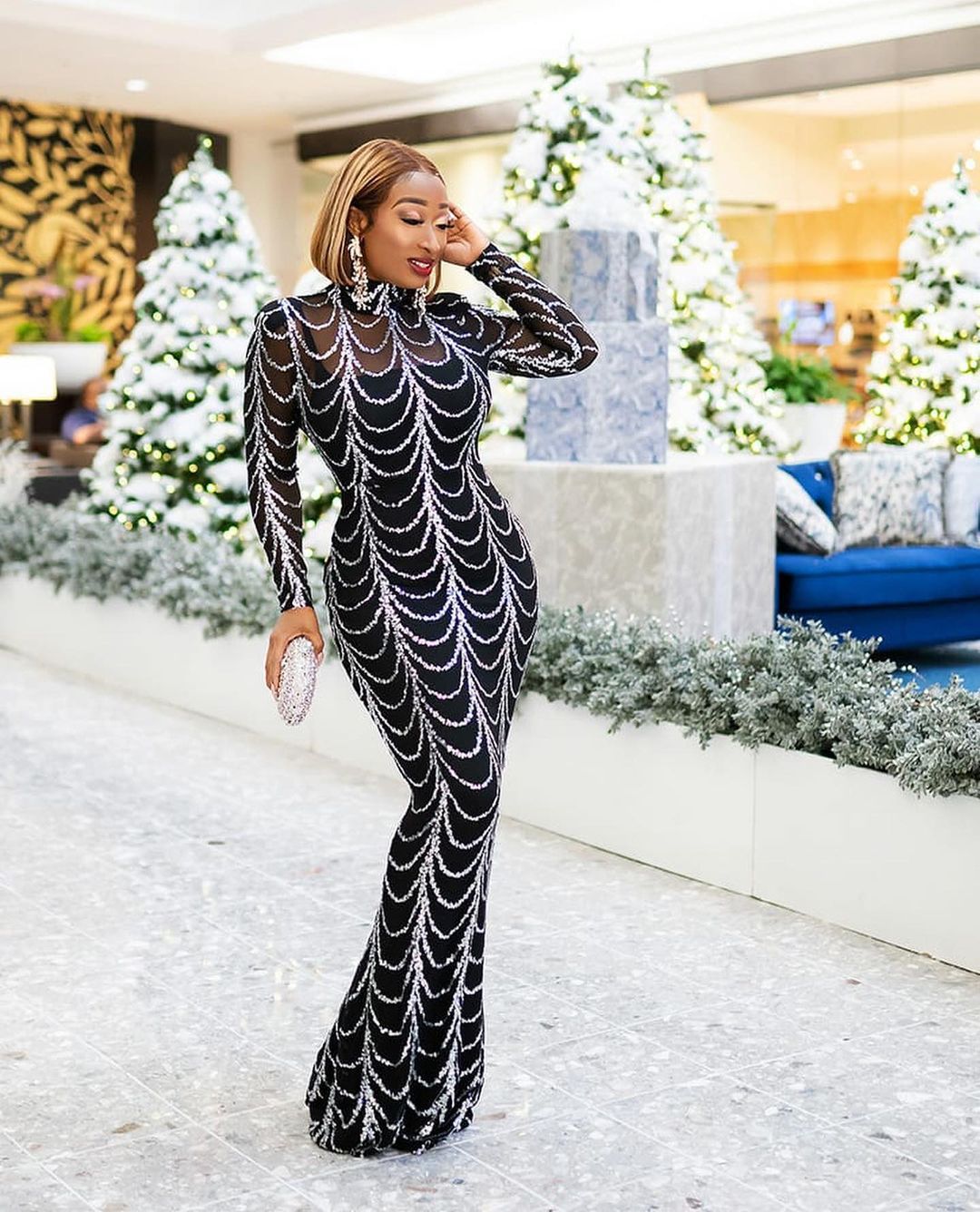 Stretch sequin fishtail evening dress with inner skirt