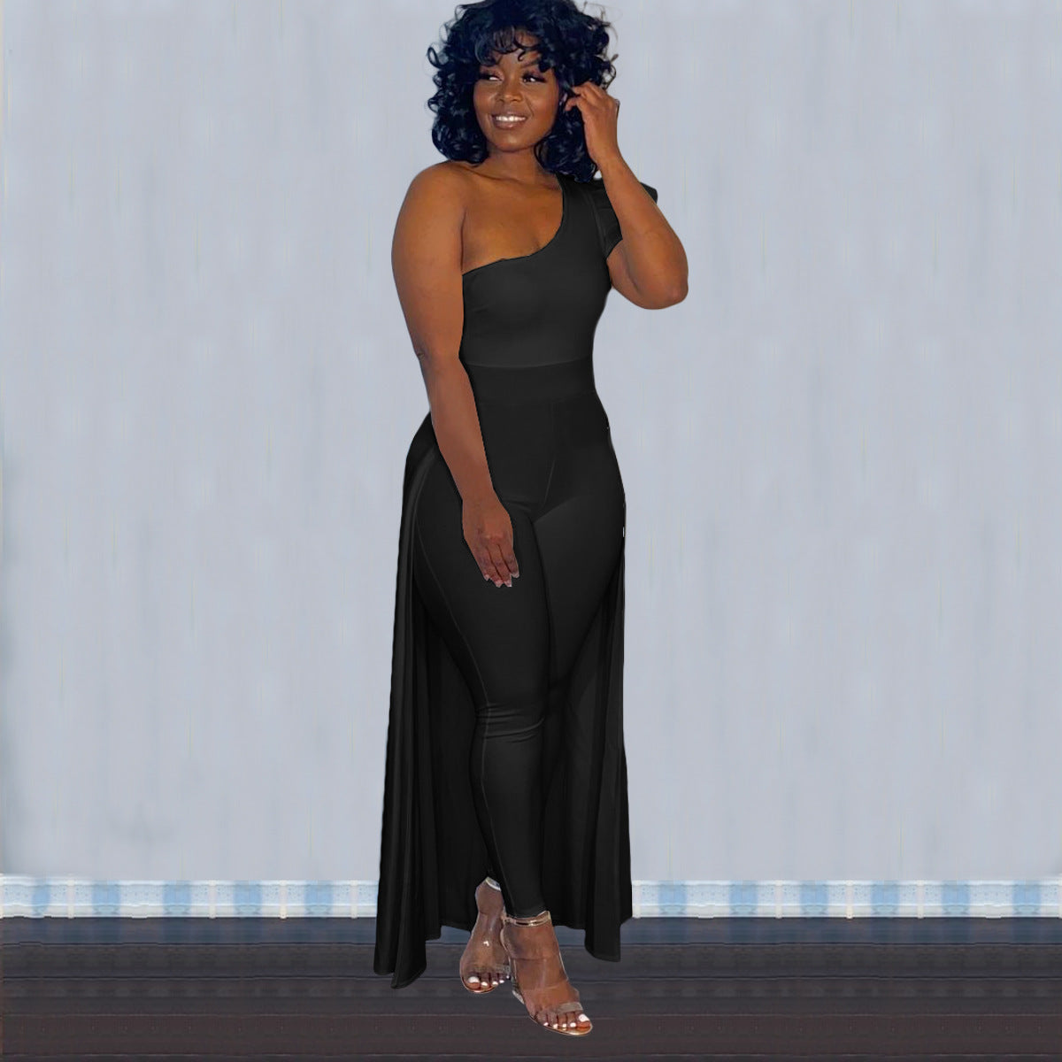 plus size one-shoulder short-sleeved cloak jumpsuit   clothes