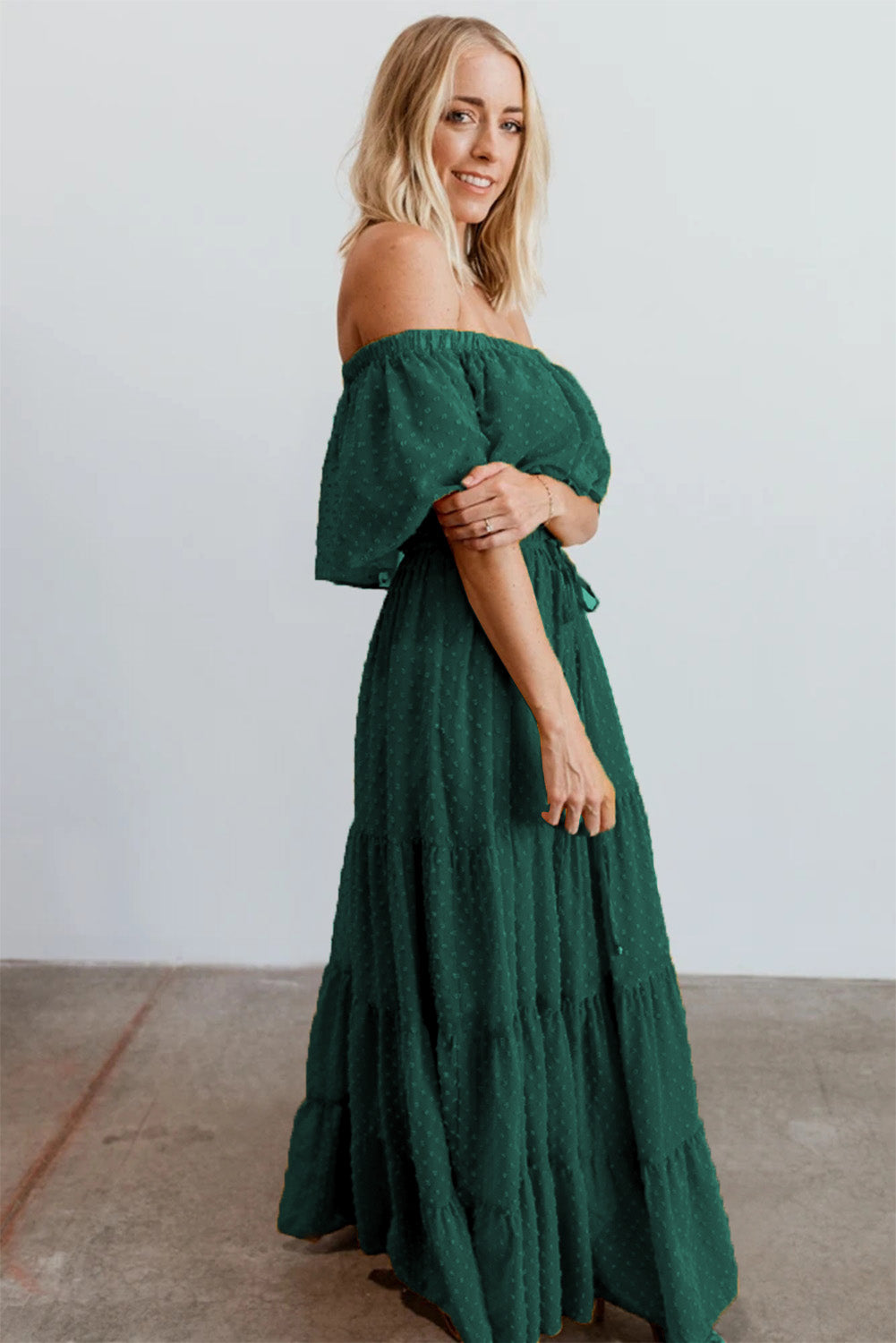 Green Off Shoulder Ruffle Swiss Dot Maxi Dress