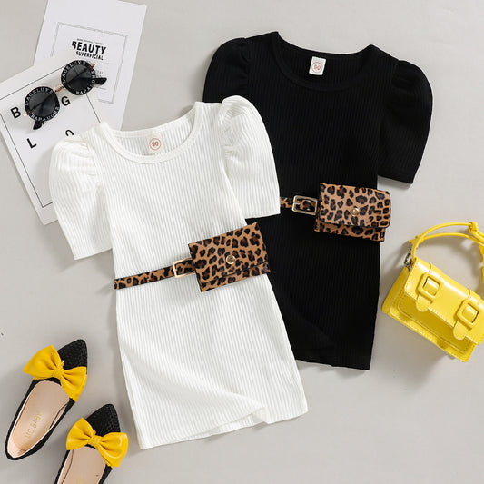 Girls' Cotton Puff Sleeve Dress with Leopard Print Waist Bag