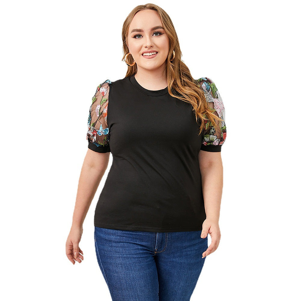 Round neck short sleeves ethnic style flower printing top