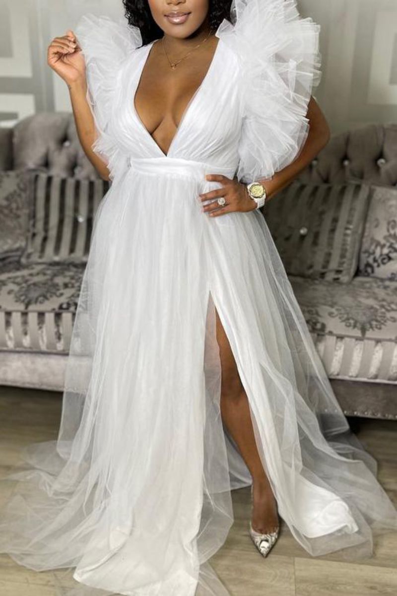 Elegant Fashion Solid Color Plunging Neck Short Sleeve Net Yarn Polyester Mesh Yarn Plus Size Dresses Maxi Long Dress Party Dress
