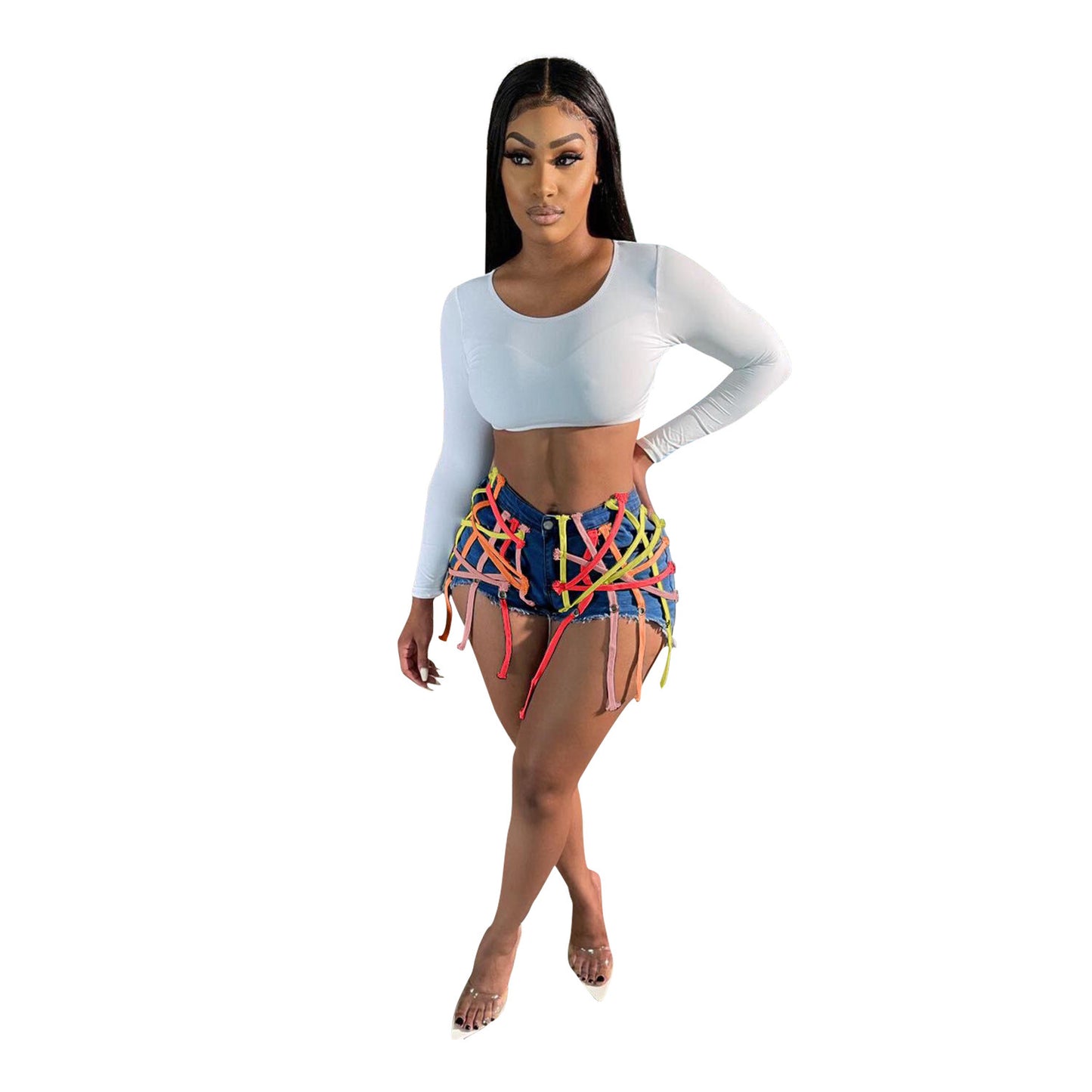 Straps Galore Stitched Denim Shorts
