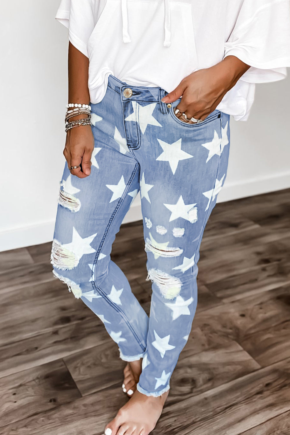 Ripped Star Print Mid Waist Jeans