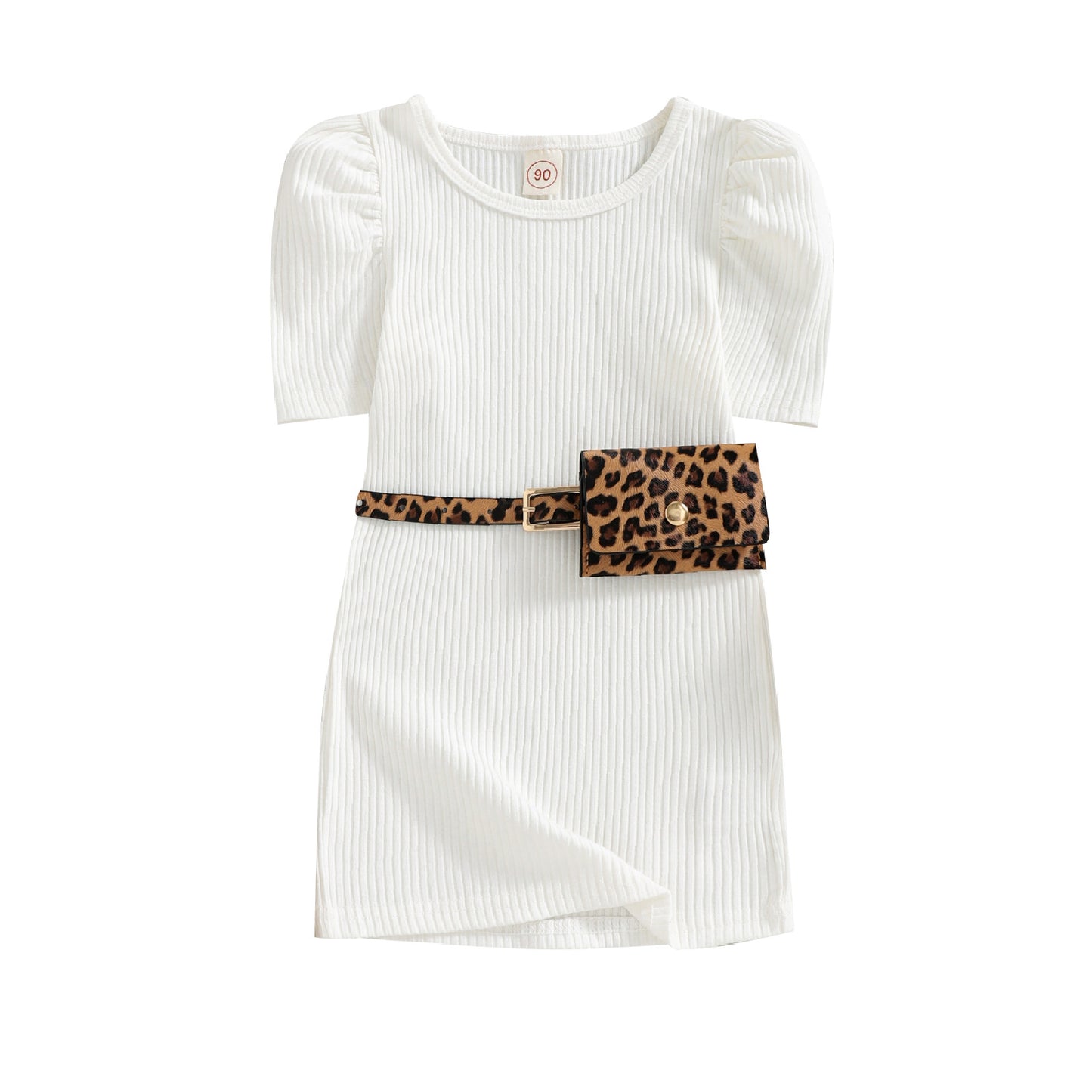 Girls' Cotton Puff Sleeve Dress with Leopard Print Waist Bag