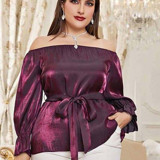 Spot European and American Vintage Oblique Placket Solid Color off-Neck Temperament Commute Artistic Top Middle East Lace Shirt Short Sleeve