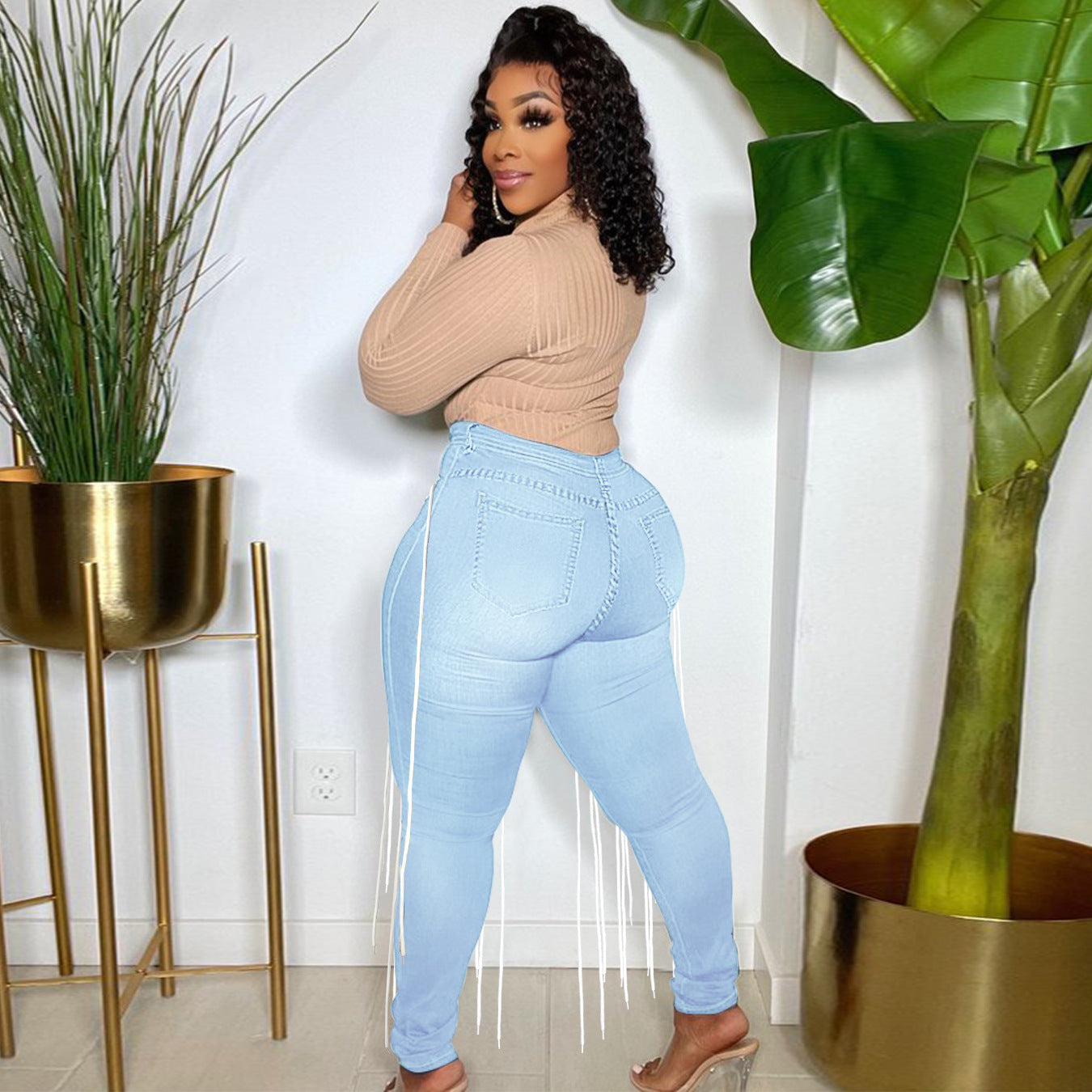 mid stretch bandage draped jeans  clothing