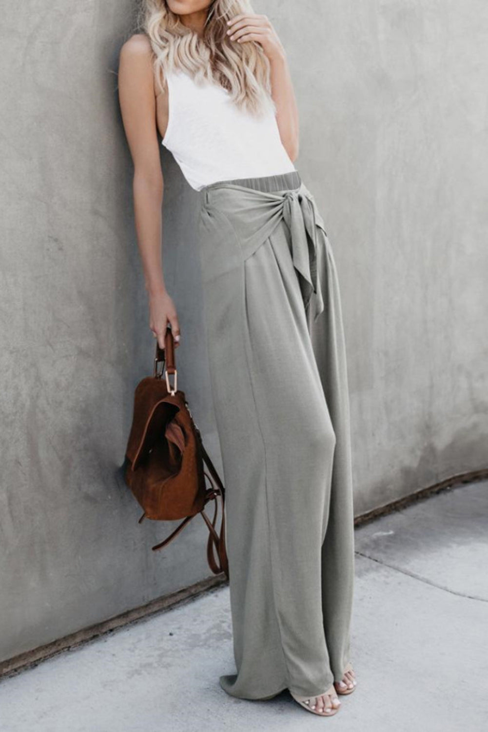 Gray Tie Knot Wide Leg Pants