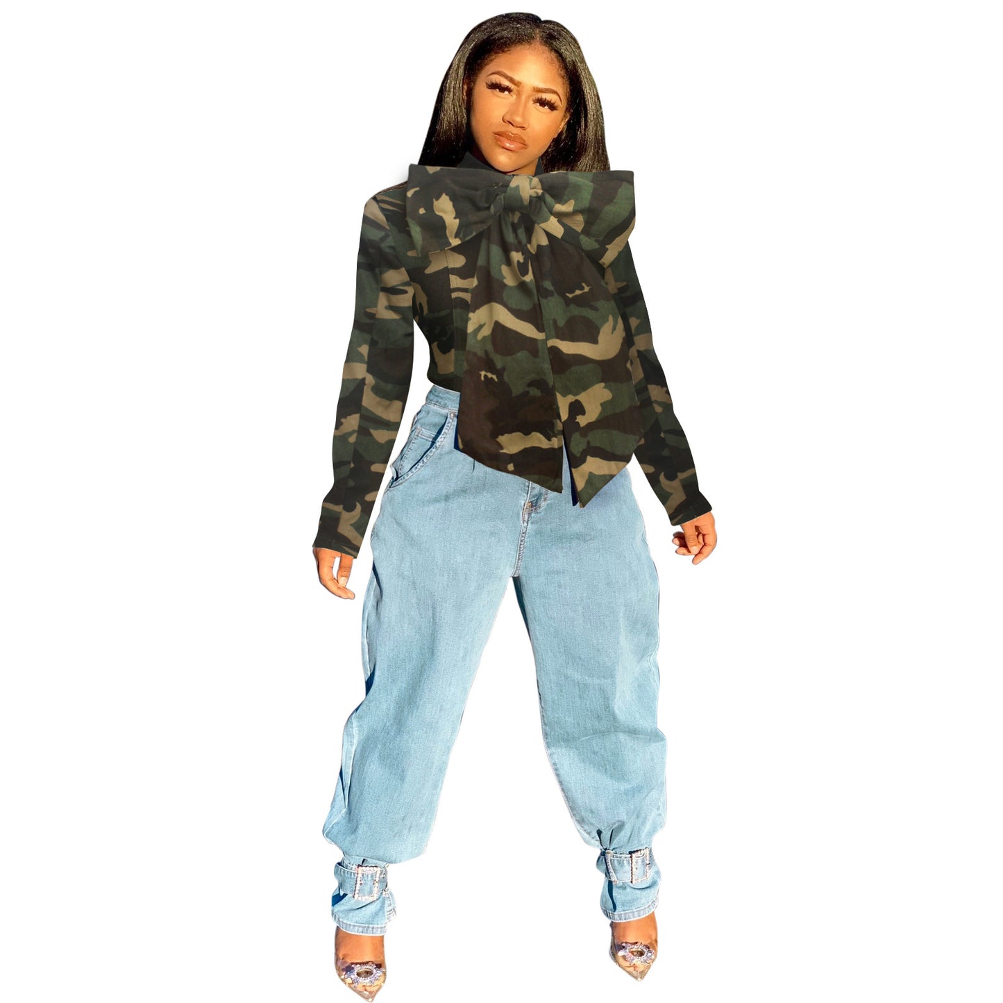 Solid color bowknot decor long-sleeved denim jacket