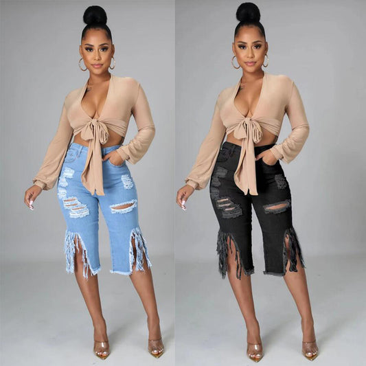 high waist fringed hole stretch capri jeans