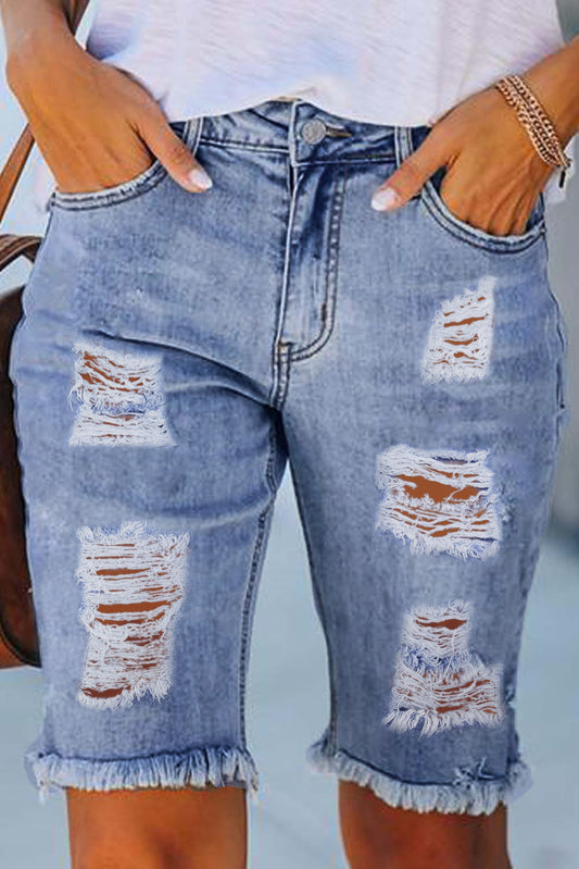 Light Blue Distressed Denim Shorts