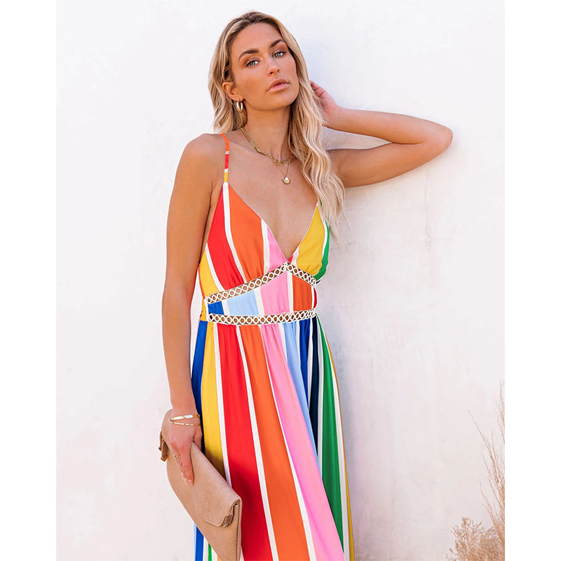 Rainbow Stripe Halter Dress